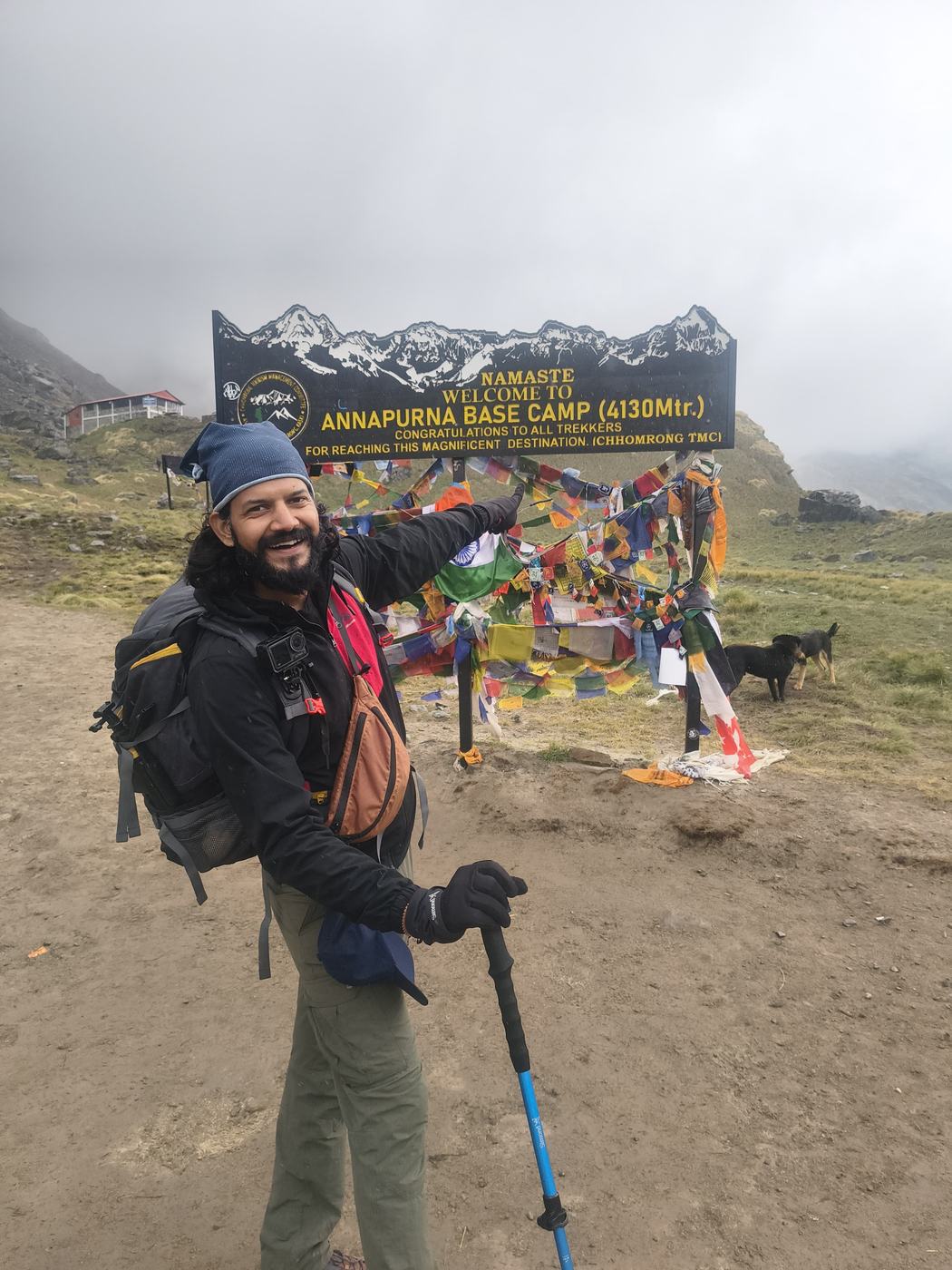 Anurag at the Annapurna Base Camp sign at 4,130 metres