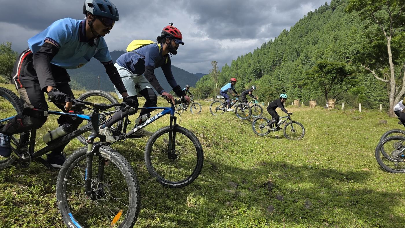 Mountain bikers riding on grass